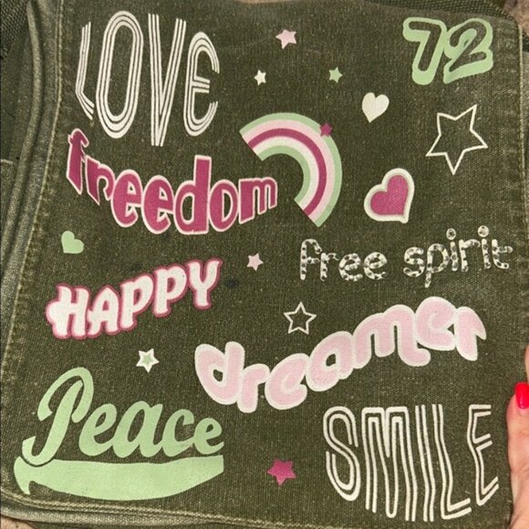 Y2k Green Vintage Canvas Shoulder Bag With Graphic Print - Picture 2 of 9